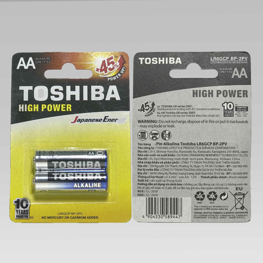 VỈ 2 PIN AA ALKALINE TOSHIBA CHÍNH HÃNG