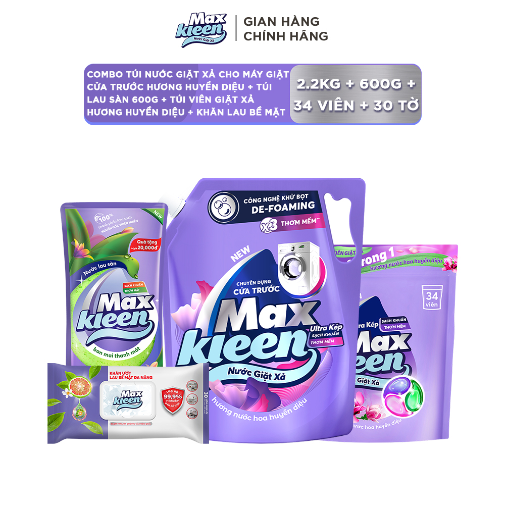 Combo Túi nước giặt cho máy giặt cửa trước Huyền Diệu 2.2kg + Túi viên hương Huyền Diệu 34 viên + Khăn ướt