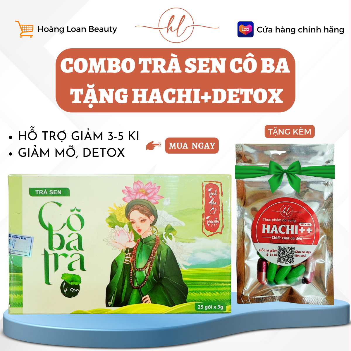 Combo trà sen Cô Ba tặng liệu trình 5 ngày giảm cân Hachi, Detox nhuận tràng hỗ trợ 3-5kg