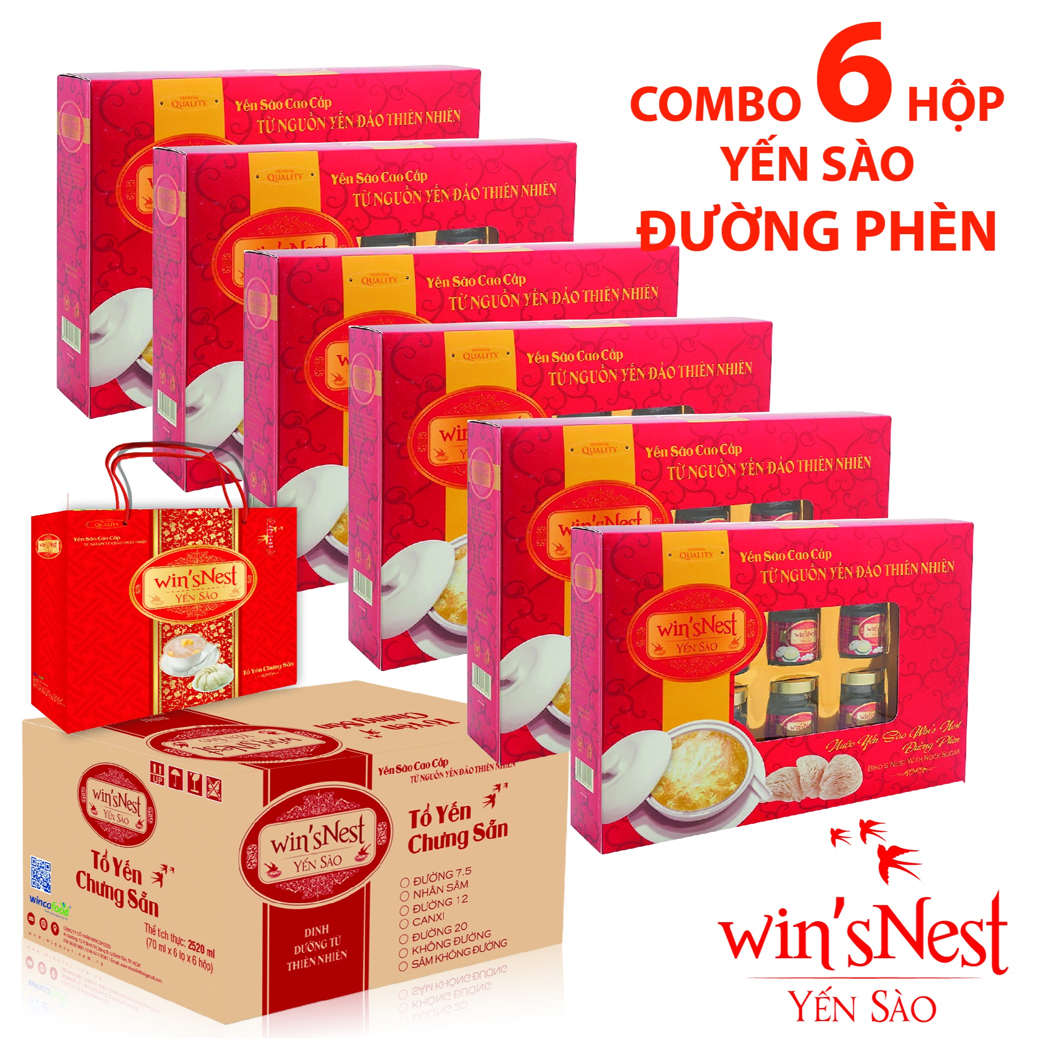(Hộp quà) Combo 6 hộp nước yến sào win'sNest chưng sẵn đường phèn ( 6 Lọ * 70 ml / Hộp): giúp bồi bổ sức khỏe thích hợp cho mọi đối tượng và trẻ em từ 1 tuổi trở lên (TẶNG KÈM TÚI XÁCH)