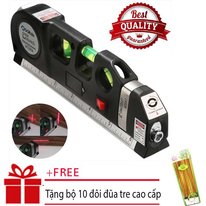 Thước thủy Nivo Laser đa năng (Đen) + Tặng bộ 10 đôi đũa tre đẹp - Thước Đo Bằng Laser 2 tia dọc - ngang PRO3, thước đo khoảng cách bằng laser/thước đo laser cầm tay giá rẻ - thước nivo laser PRO 3