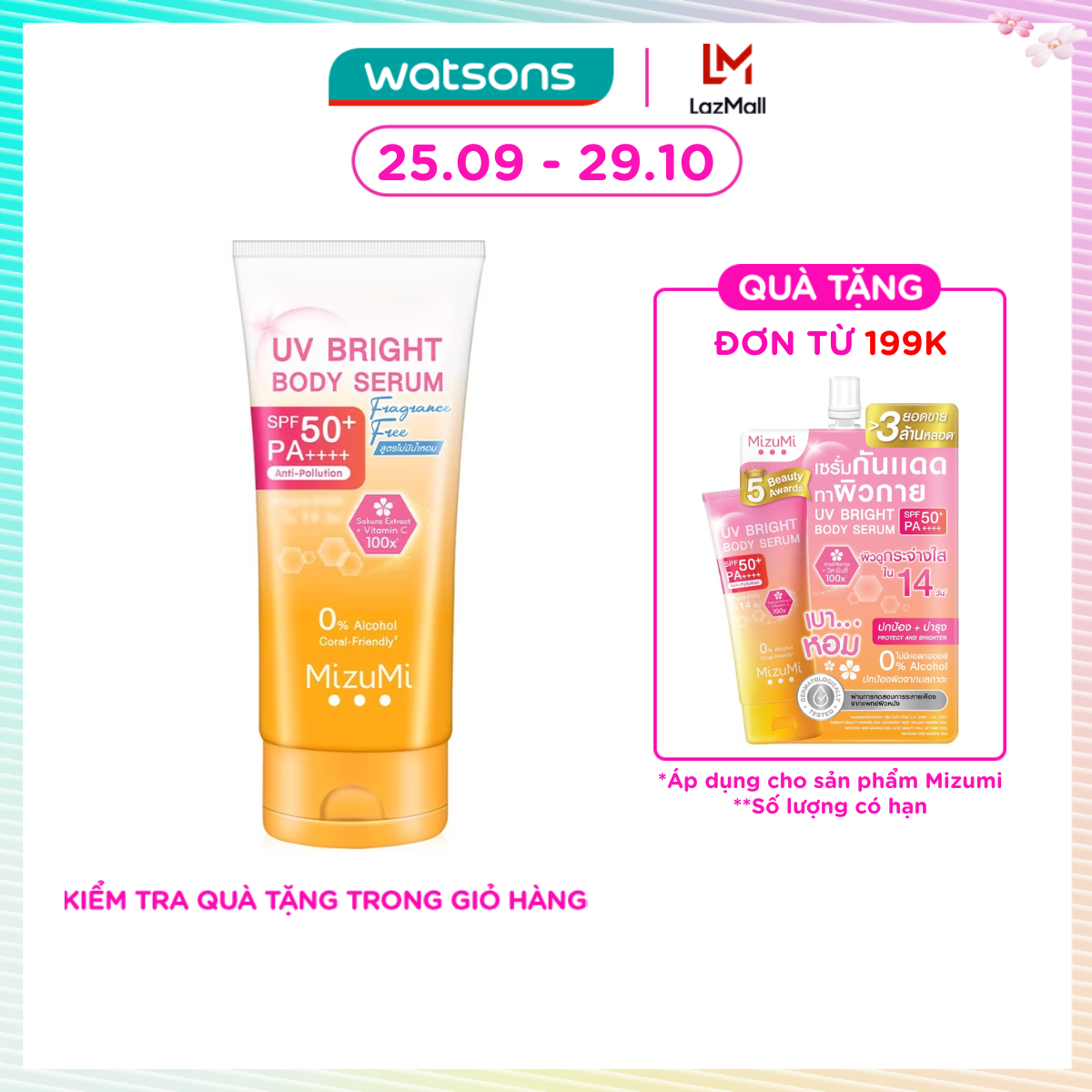 [MUA LÀ CÓ QUÀ] Kem Chống Nắng Mizumi UV Bright Body Serum Fragrance Free SPF50+ PA++++ 180ml