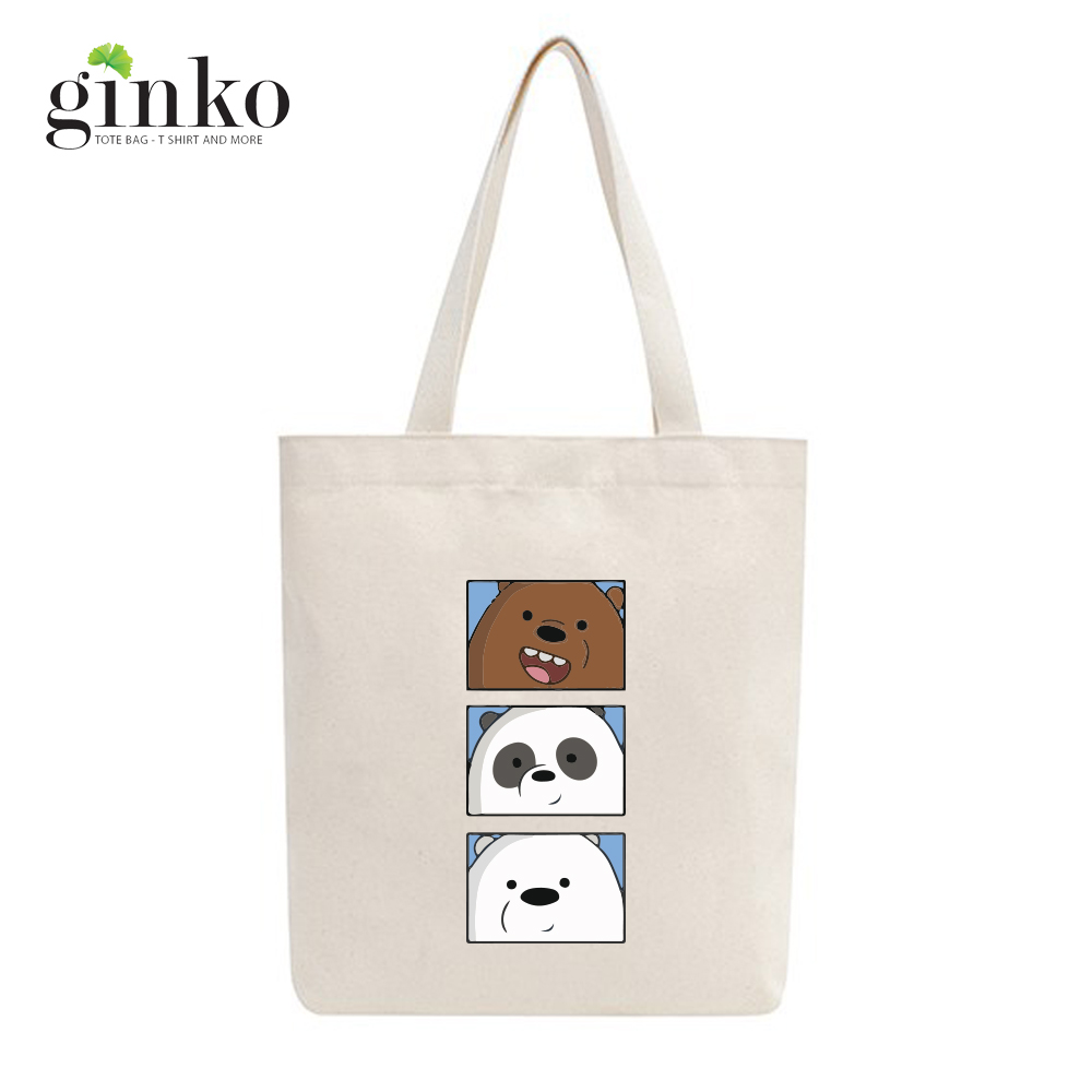 Túi Tote Vải Mộc GINKO Có Dây Kéo Khóa (có túi con bên trong) In Hình We Bare Bears M109