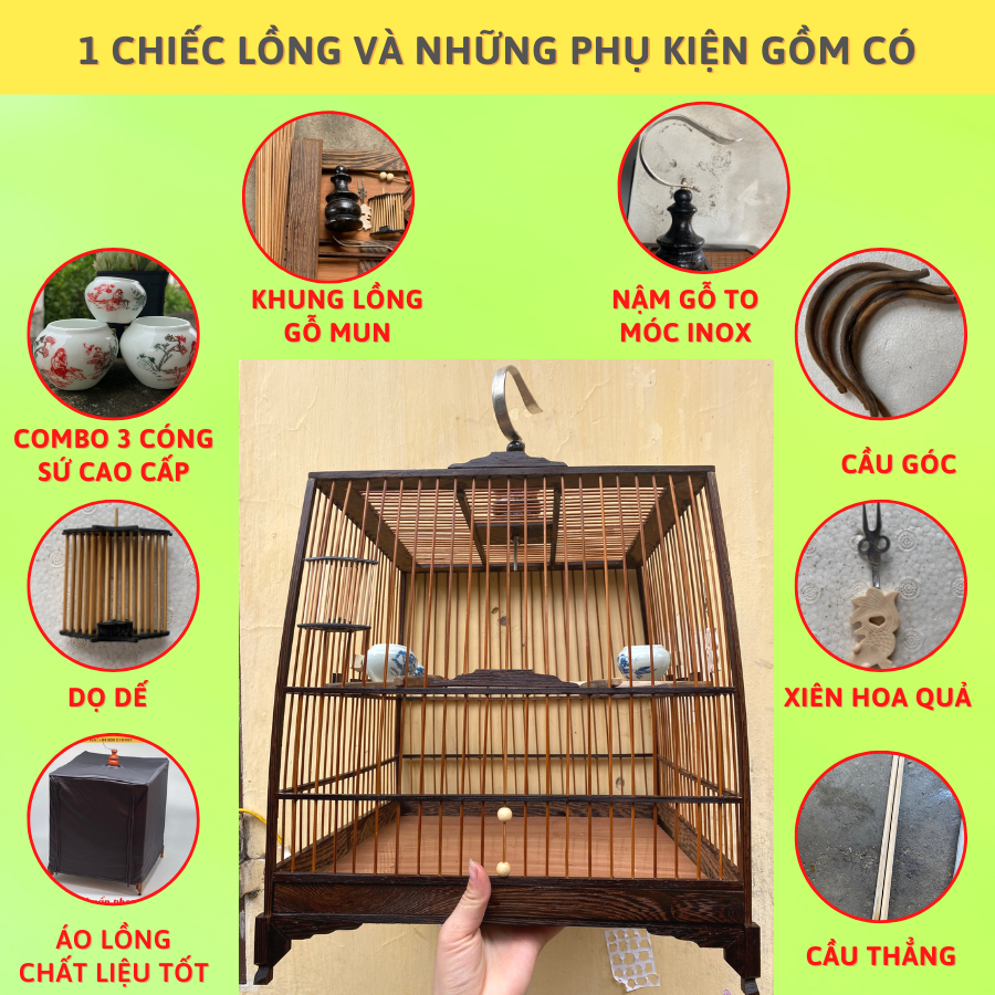 Khung lồng chào mào tự ráp gỗ mun đuôi công - Lồng chim Thế An