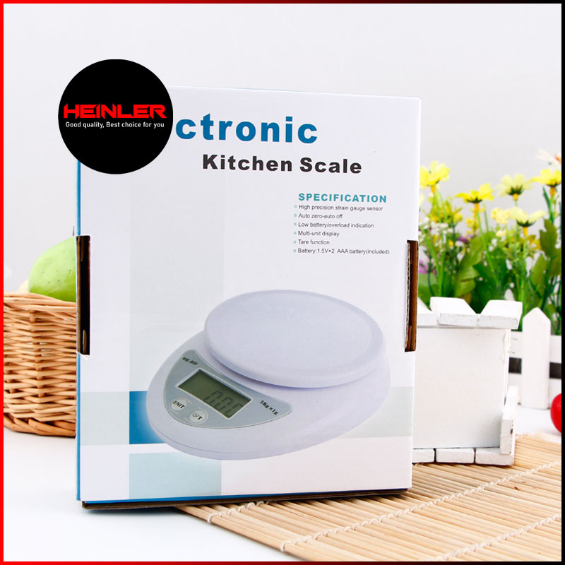 Cân nhà bếp điện tử Heinler WB-05 trọng lượng từ 1 gram đến 5 kg sai số 2% sử dụng 2 pin AAA, nhiều chế độ đo, có trừ bì