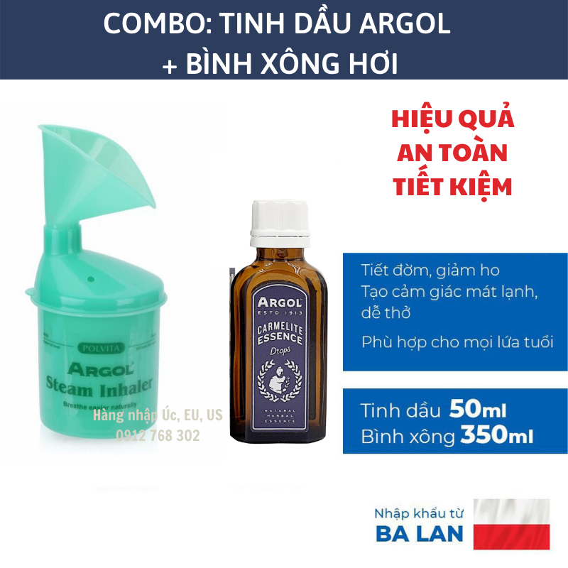 Combo tinh dầu Argol + Bình xông tinh dầu, xông mũi họng Argol dành cho người bị ho, viêm họng, thanh quản, xoang giúp tăng cường đề kháng thông thoáng đường thở