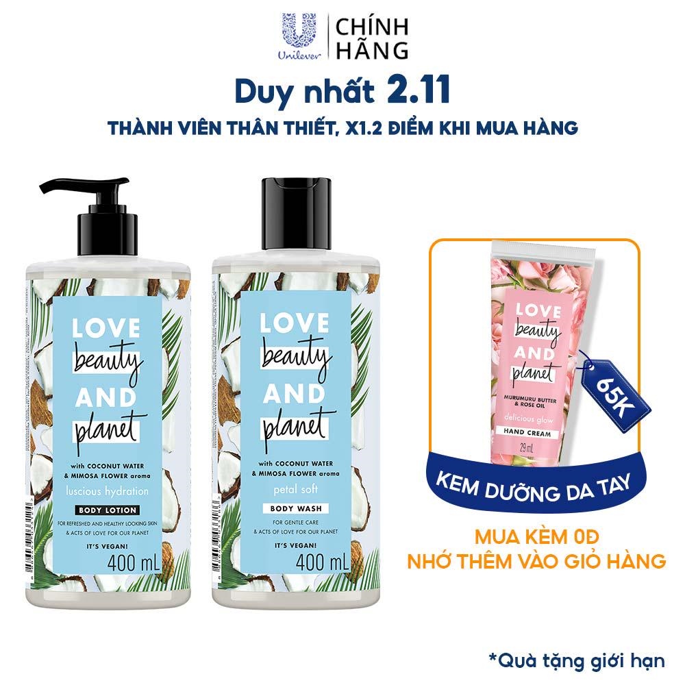 Combo Sữa tắm dưỡng ẩm dịu nhẹ thanh mát Petal Soft   Sữa dưỡng thể Love Beauty And Planet Luscious Hydration 400ml