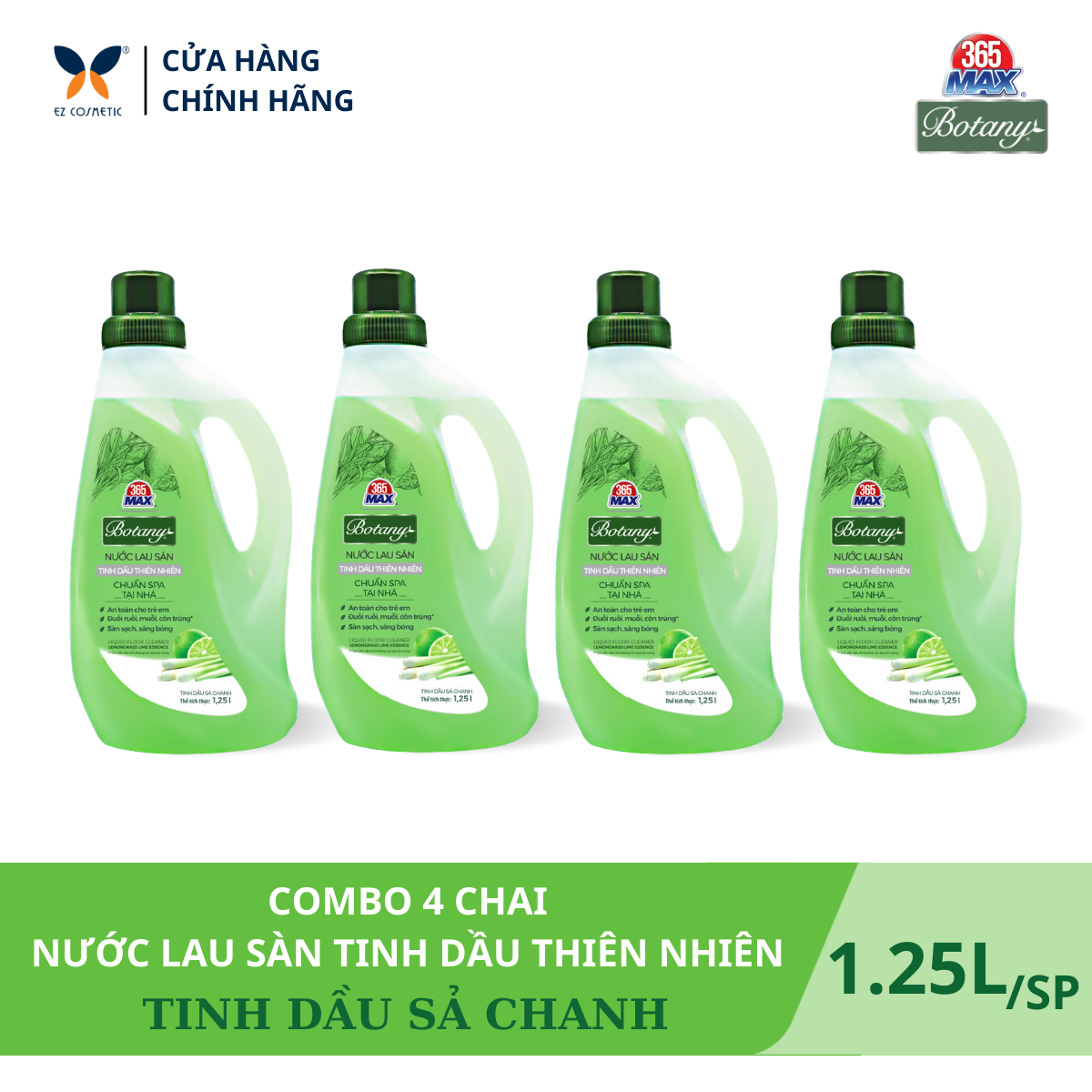 Combo 4 Chai Nước Lau Sàn 365 Max Botany Tinh Dầu Sả Chanh thiên nhiên chai 1.25 lít làm sạch bóng sàn nhà, ngăn côn trùng, an toàn cho da trẻ em