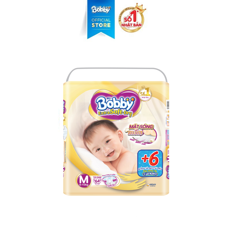 Tã/bỉm dán bobby extra soft-dry thun chân ngăn hằn - super jumbo m64