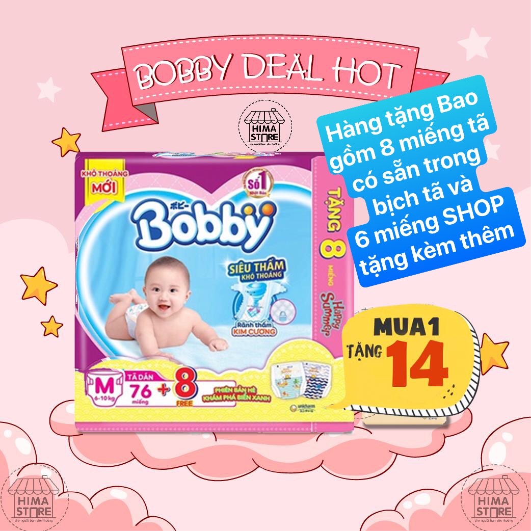 [HCM][Tặng thêm 14 miếng] Tã/ Bỉm dán Bobby siêu thấm - khô thoáng M76 (6-10kg) Rãnh thấm Kim Cương