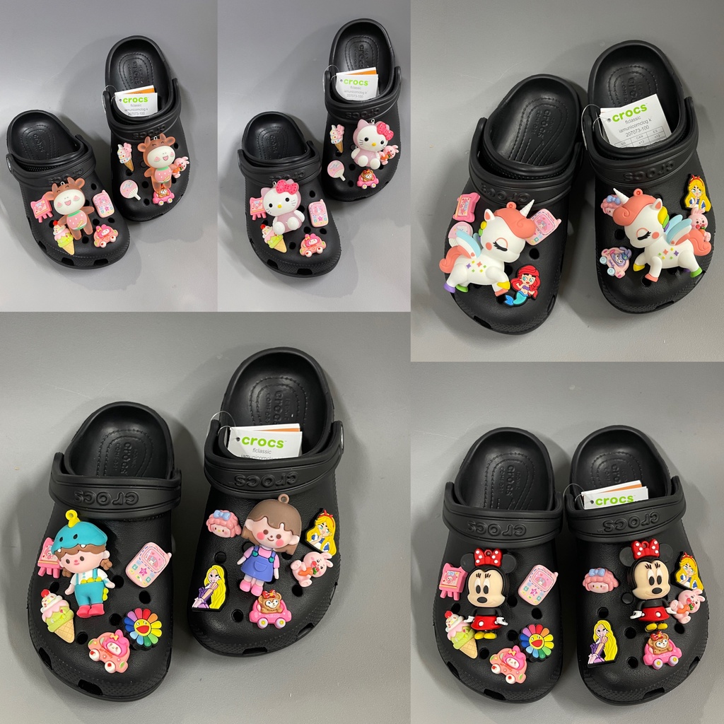 Dép sục Cross Baya cho bé gái trẻ em màu Đen giày xục Crocs Clog Kid quai ngang nam nữ xuất khẩu gắn Sticker Vip HannaKids