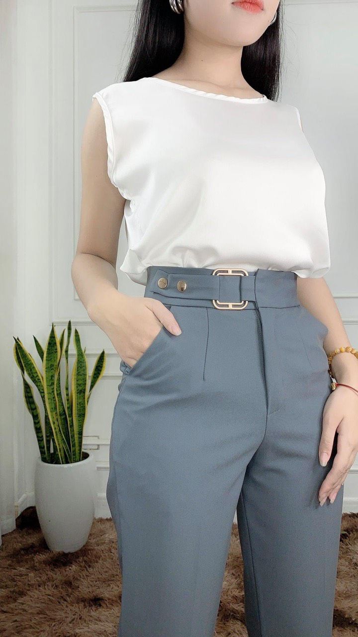 Quẫ̉̀n tây công sở nữ dài đai cạp lưng cao - vải vitex dày dặn mềm mại - kiểu dáng quần baggy vải công sở