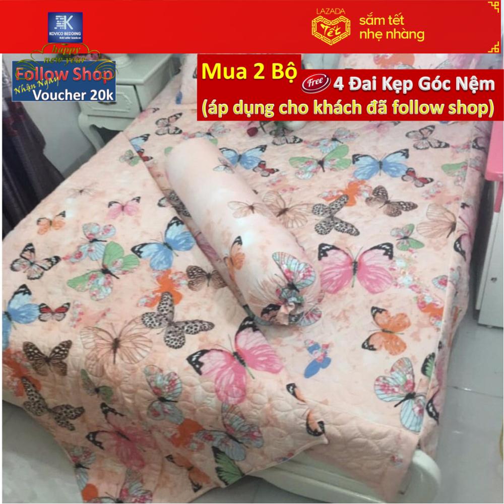 Trọn bộ 5 món chăn ga gối phủ chần bông kovico bướm hồng