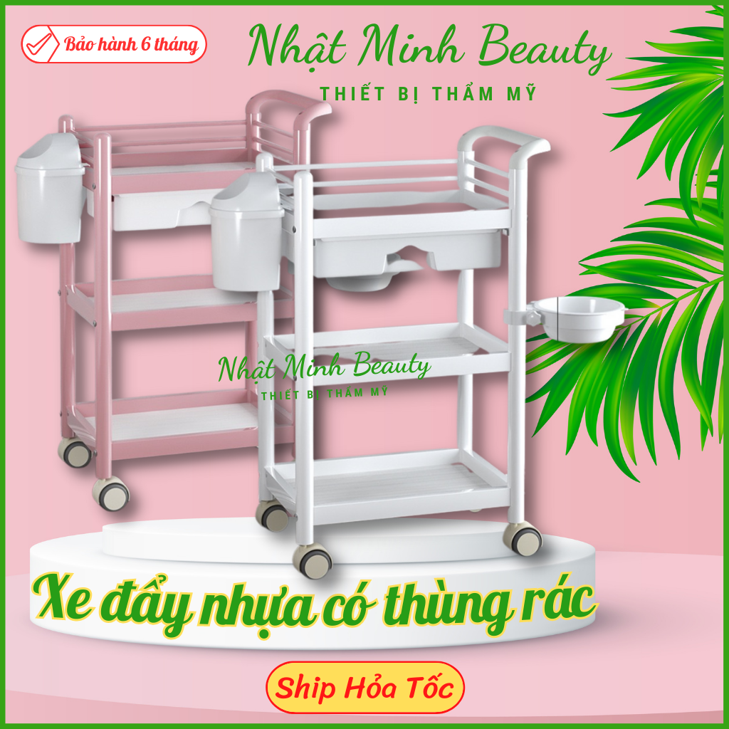 Xe đẩy nhựa 3 tầng spa có thùng rác | Kệ nhựa 3 tầng cao cấp | Kệ để đồ spa