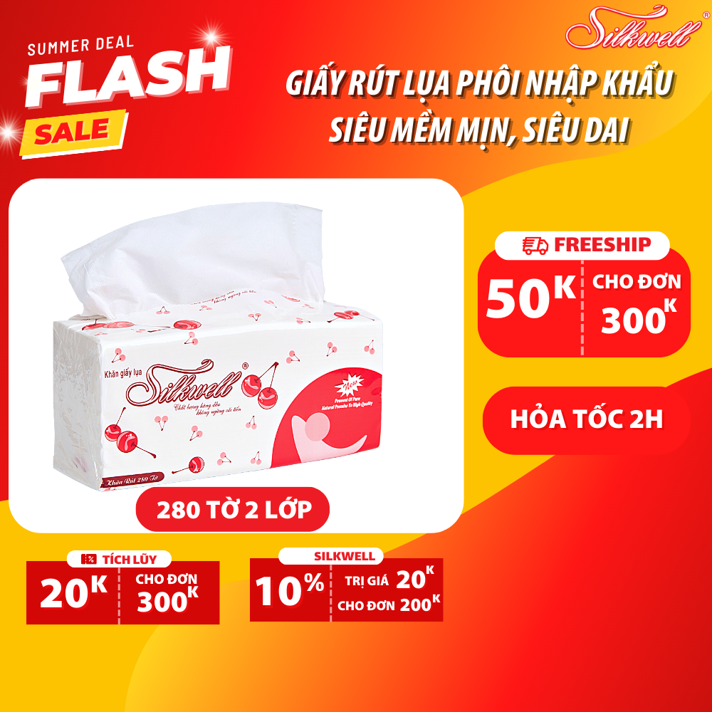 Giấy ăn giấy rút lụa Silkwell Cherry đỏ 280 tờ siêu dai và mềm mại