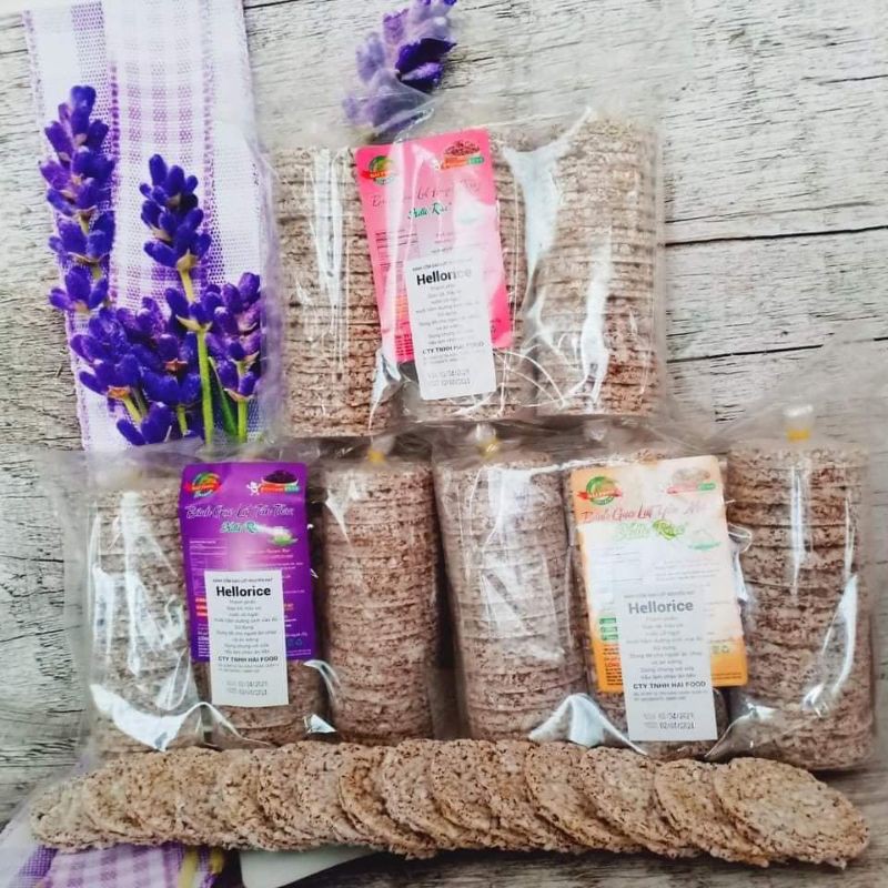 Bánh Gạo Lứt Nguyên Hạt Hellorice .Bánh Gạo Lứt tím than túi 500g gòm 51-54 bánh eatclean healthy