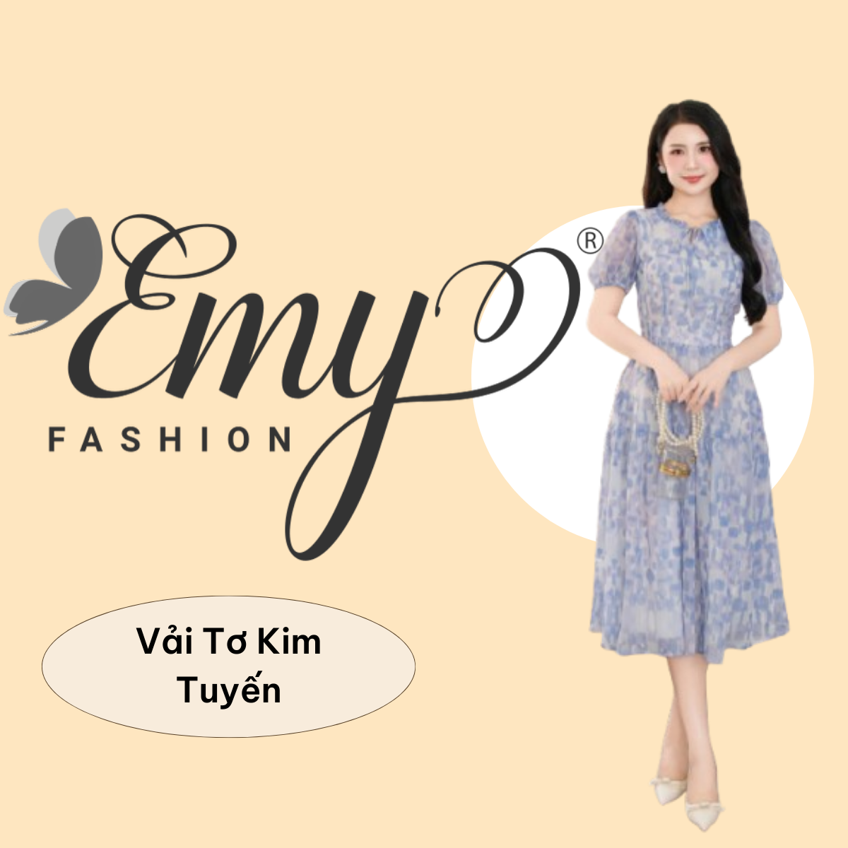 Đầm Thiết Kế EMY Thời Trang Cao Cấp EM9537 Tơ Kim Tuyến Họa Tiết Xanh Nhạt Sang Chảnh Đi Tiệc