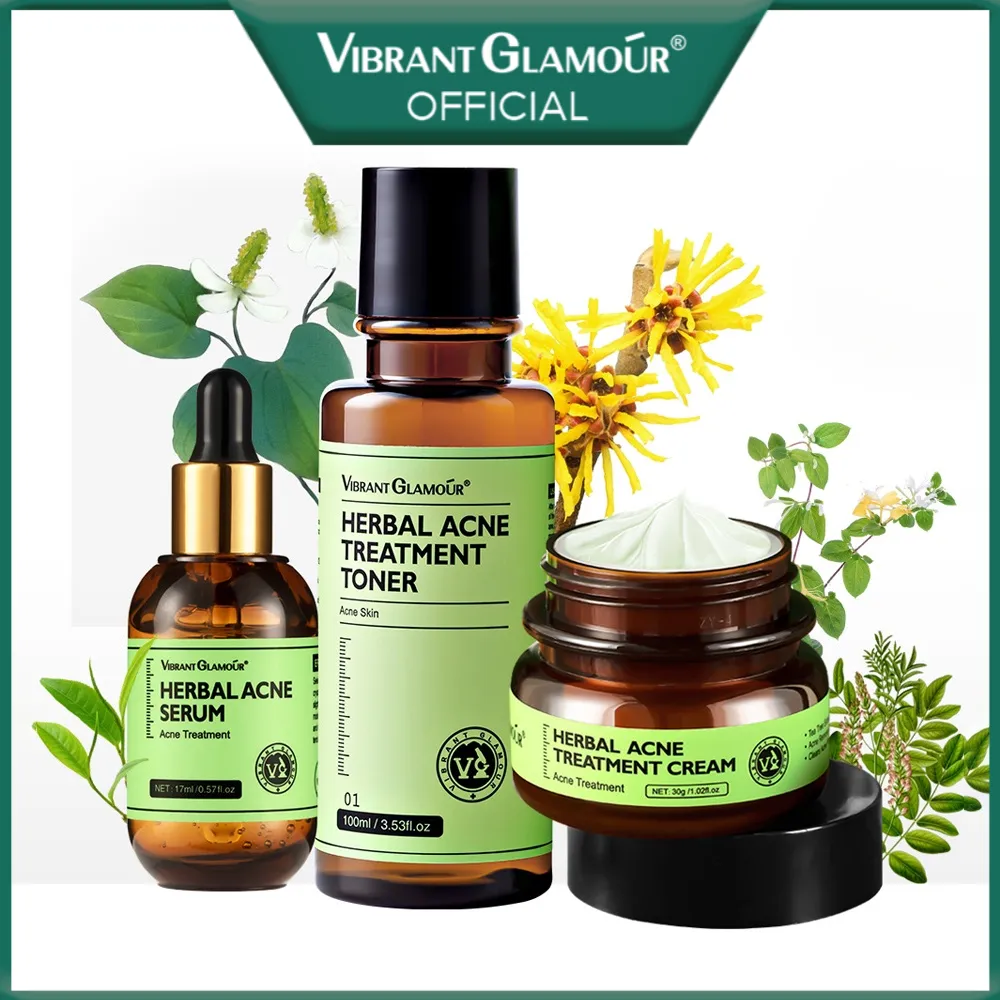 VIBRANT GLAMOUR Dòng sản phẩm trị mụn thảo dược Mặt chống mụn, chống viêm Làm mịn màng dưỡng ẩm sửa chữa sáng da Bộ 3 sản phẩm