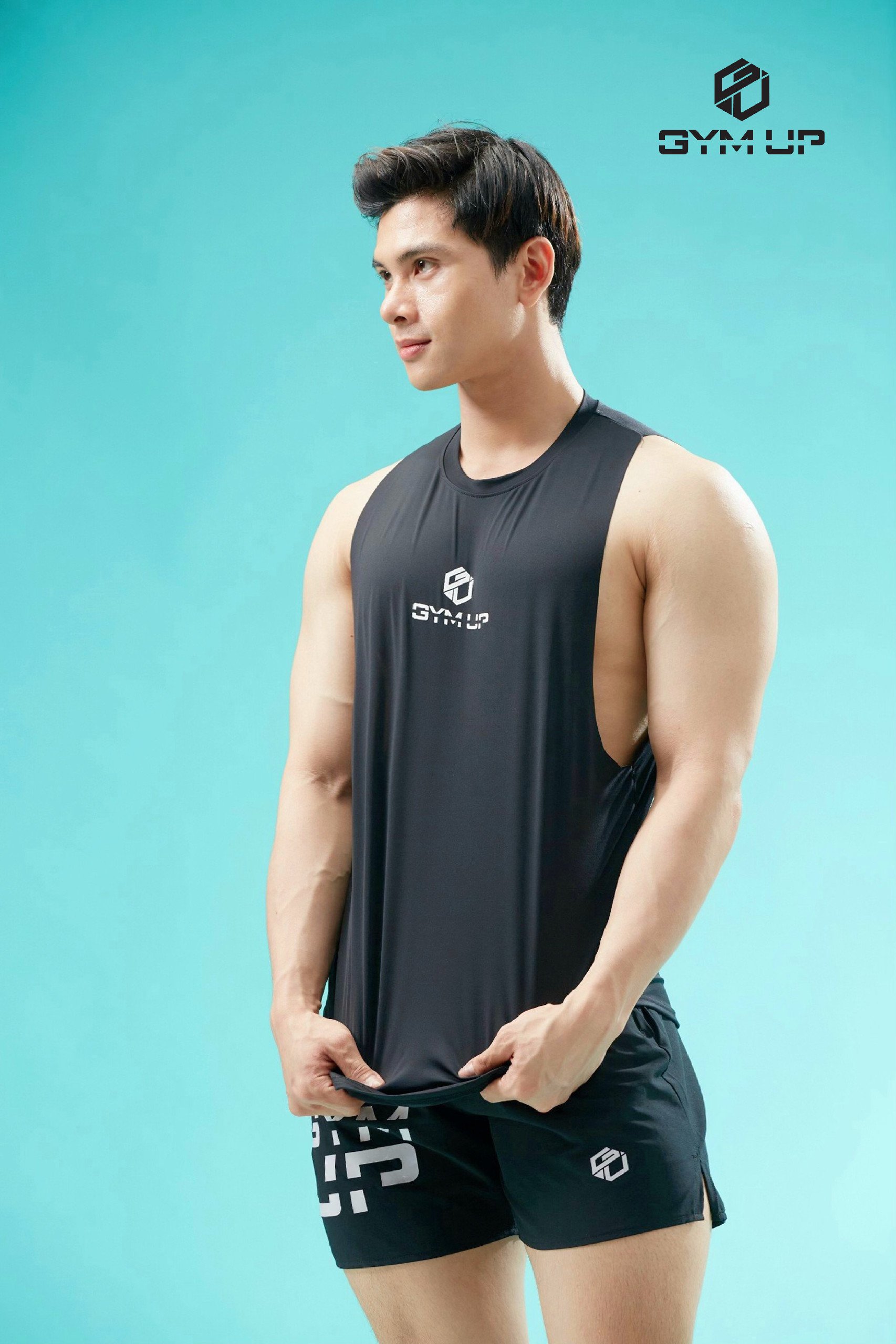 Áo tanktop GYM UP in nổi cao cấp vải polyester thoáng mát co giãn thoáng khí  ba lỗ nam không viền thể hình tập gym