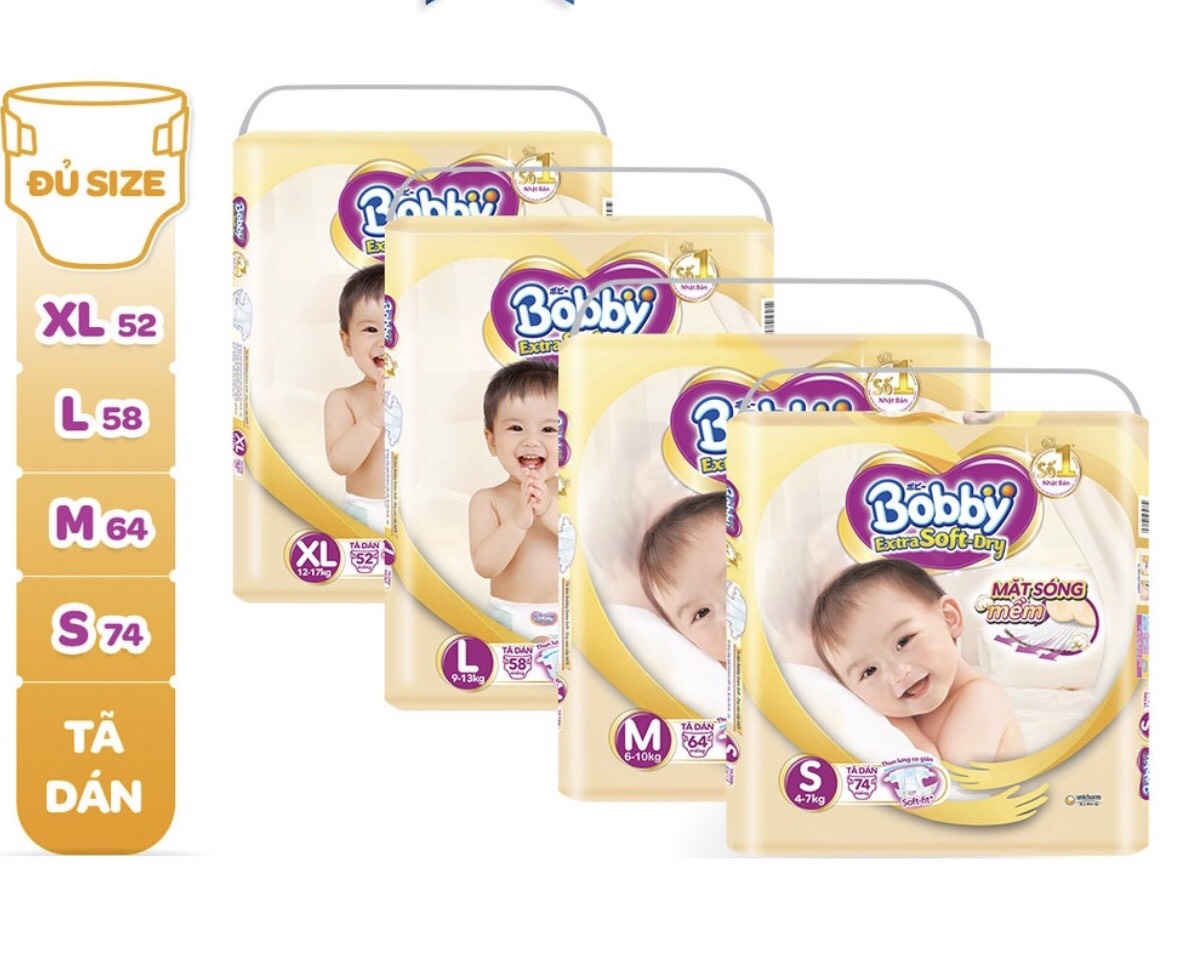 [HCM]Giá rẻ- Bỉm tã dán bobby vàng cao cấp S74/XL52+quà