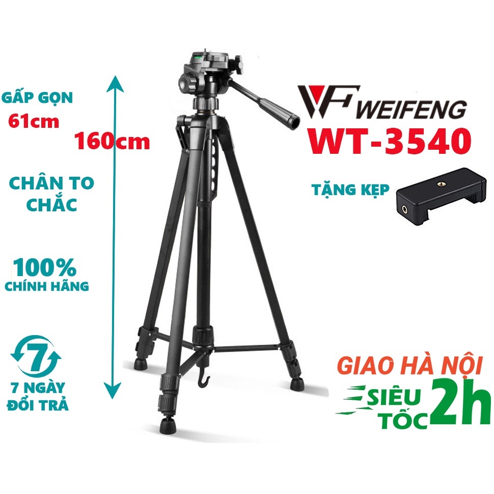 Tripod điện thoại, chân máy ảnh Weifeng WT-3540 cao 1,6m khung nhôm, chụp ảnh quay phim livestream - Tặng kẹp điện thoại