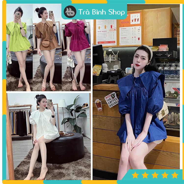 Áo sơ mi cổ nhọn tay lỡ bo chun dáng phồng Áo kiểu nữ 5 màu chất siêu đẹp