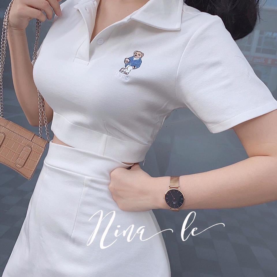Sét áo croptop và chân váy in hình gấu