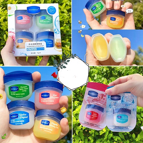 Set 4 son Vaseline dưỡng môi HANBOLI bổ sung độ ẩm làm hồng môi, Combo son dưỡng nội địa trung HANBOLI 4 hủ chứa vitamin E bổ sung độ ẩm