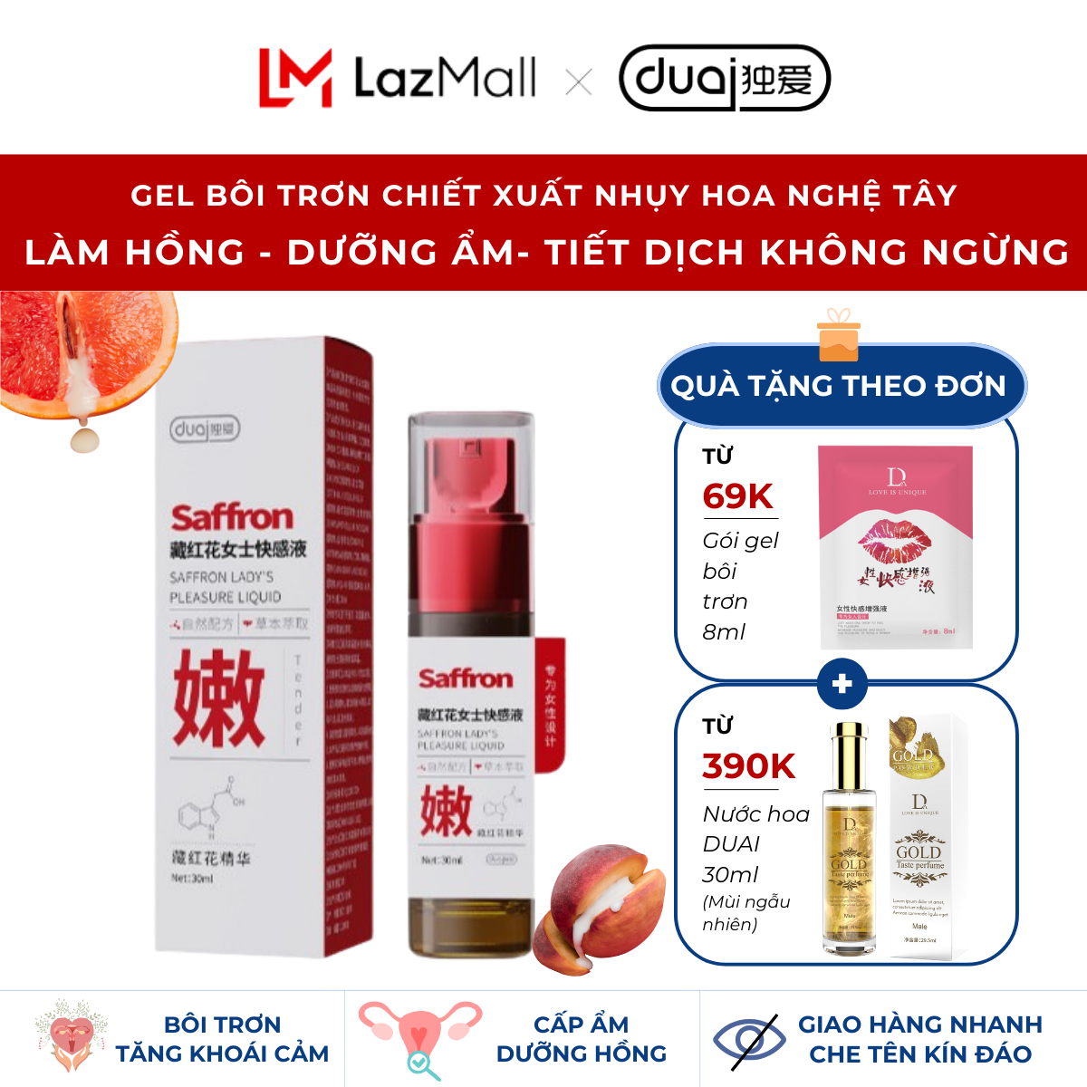 Gel Bôi Trơn Saffron Lady’s DUAI Cao Cấp Tăng Khoái Cảm Cho Nữ Kích Thích "Nước" Bên Trong, Cho Cuộc Yêu Dễ Dàng Nồng Cháy Hơn