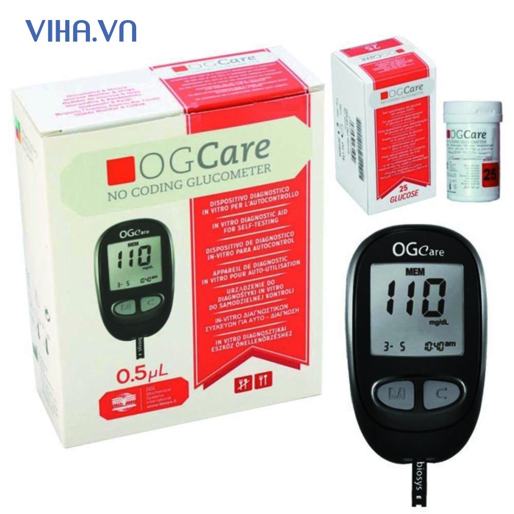 Máy đo đường huyết OG Care nhập Ý +25 que thử tặng 100 kim+50 bông tẩm cồn