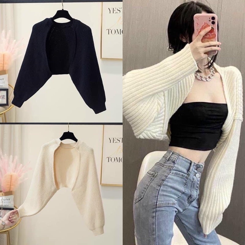 Áo khoác cardigan gân len fom croptop phối áo dây áo ống