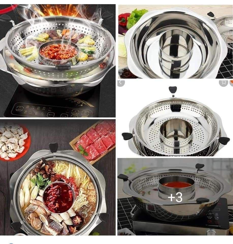 Nồi lẩu xoay inox 2 trong 1 cao cấp-Nồi Lẩu Inox Xoay 360 Độ - Dùng Bếp Từ, Bếp Ga-Nồi lẩu, nồi lẩu xoay dễ vớt thức ăn 32cm, nồi nấu lẩu đa năng chất liệu inox cao cấp