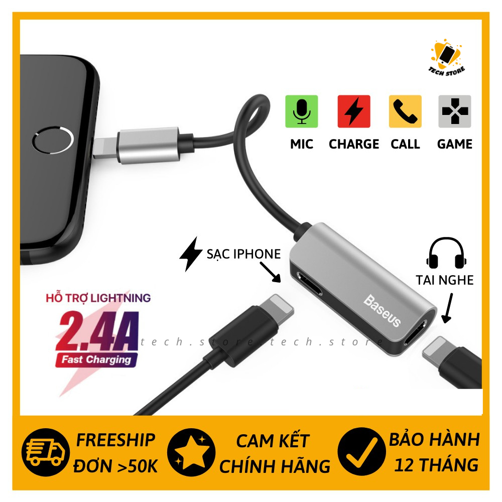 Jack cáp chuyển đổi tai nghe iphone BASEUS L37 2 cổng vừa sạc vừa tai nghe hỗ trợ mic đàm thoại