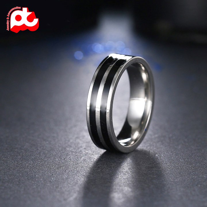 Nhẫn nam inox thời trang kiểu 2 sọc đen bảng 6mm shopquare màu đen trắng cách điệu thép không gỉ ABNNA14