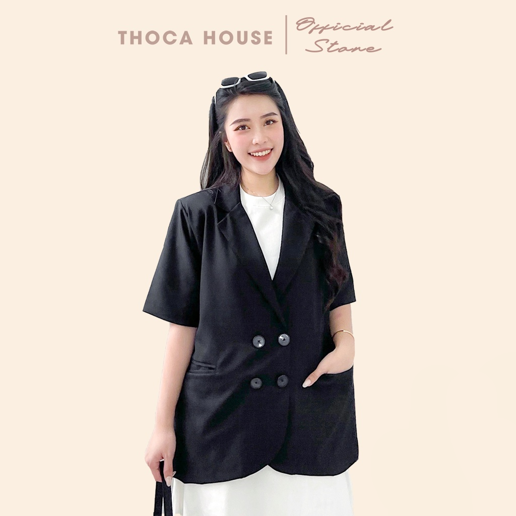 Áo khoác vest tay ngắn túi nấp 4 nút kiểu THOCA HOUSE blazer công sở chuyên nghiệp, sang trọng