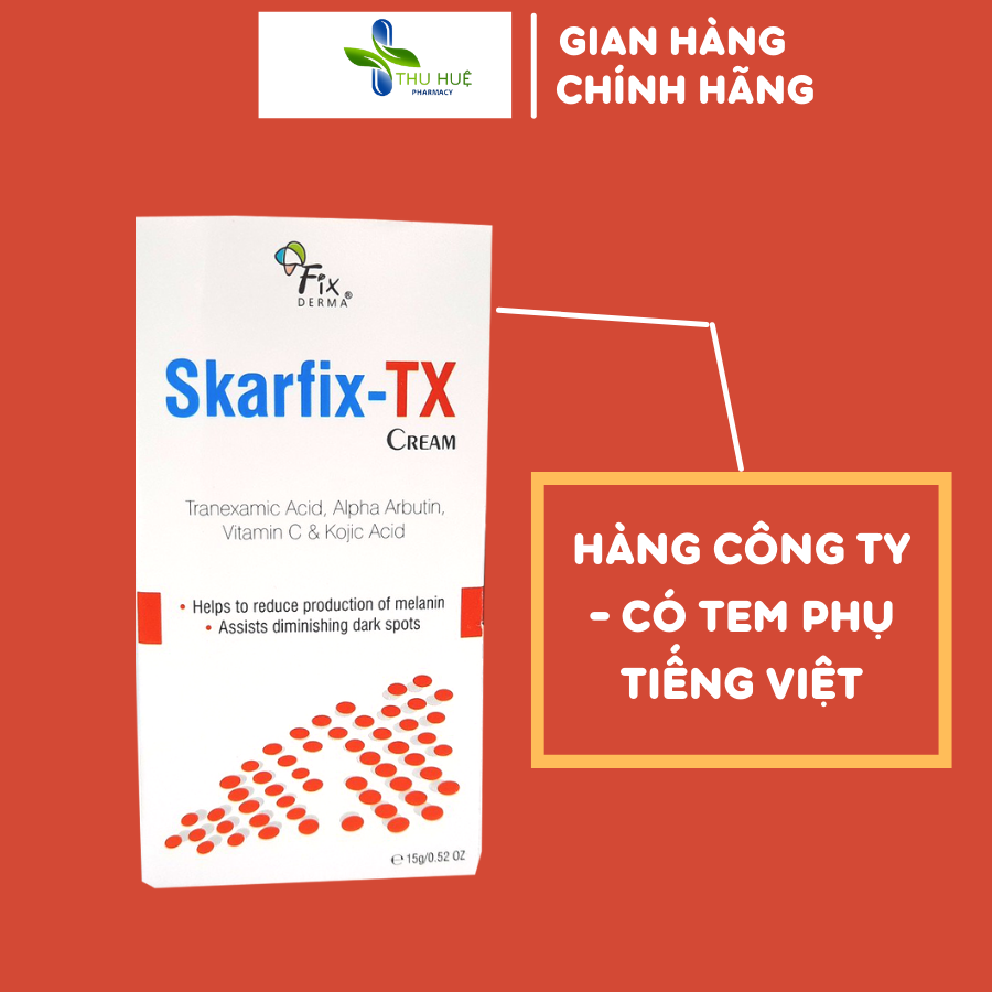 Skarfix tx cream 15g chính hãng, kem giảm nám sạm, thâm do mụn, tàn nhang, chỉ sử dụng lên vùng da thâm mụn, có sắc tố, hiệu quả sau 4-6 tuần, an toàn, thích hợp cho da dầu mụn, sản phẩm được bác sỹ da liễu khuyên dùng