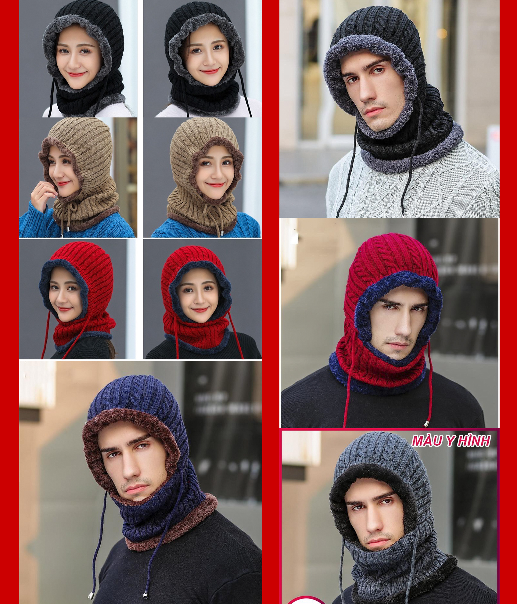 Mũ len trùm đầu liền khăn choàng cổ lót lông ấm áp thích hợp cả nam và nữ