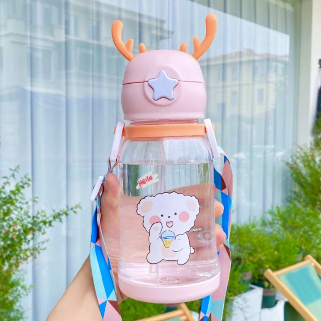 Bình nước dung tích 550ml hình sừng hươu dễ thương cho bé, bình nước nhựa cho bé mang đi học, đi chơi tiện lợi