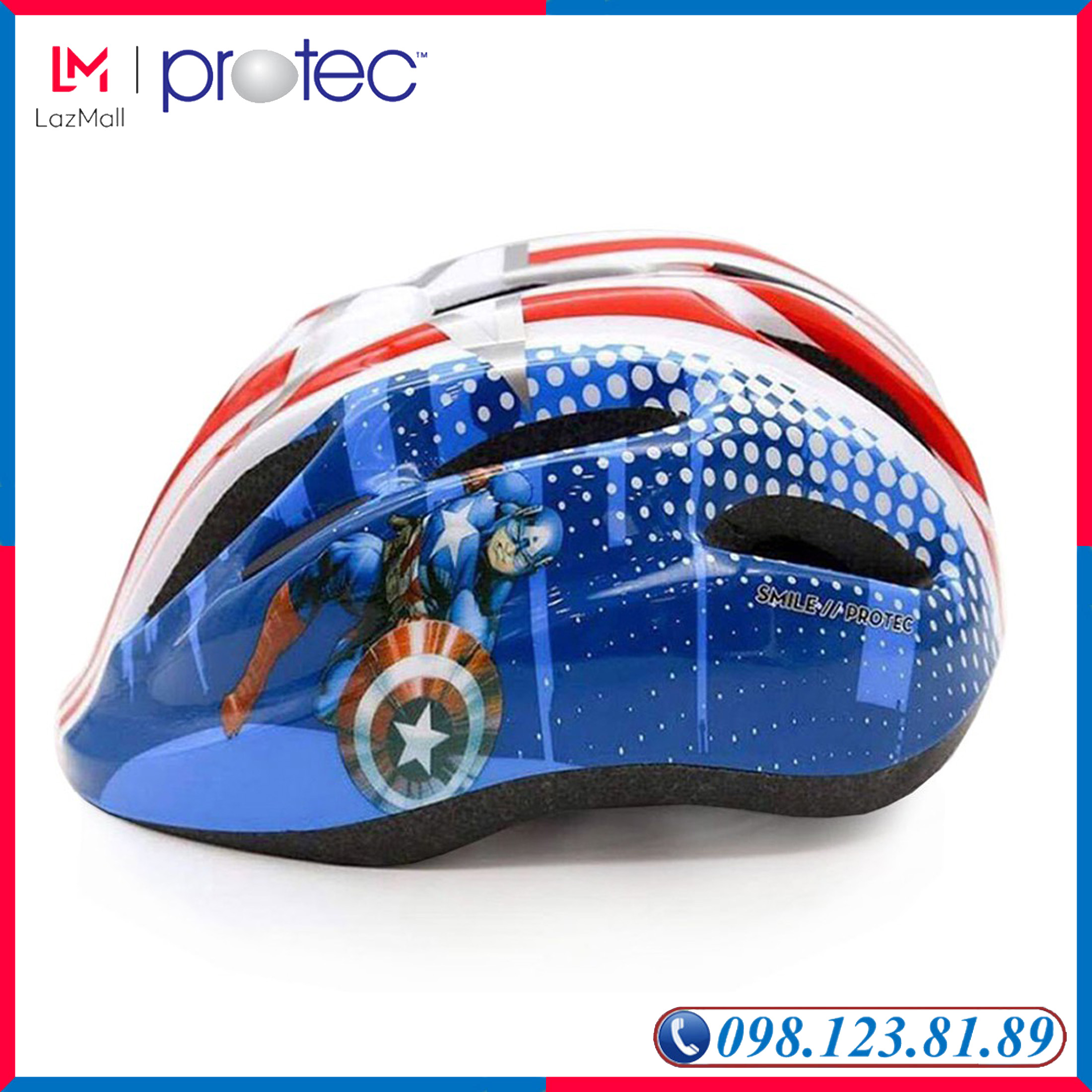 Mũ Bảo Hiểm Xe Đạp Trẻ Em, Nón Bảo Hiểm Chơi Thể Thao Protec SMILE WT - 024, Họa Tiết Siêu Anh Hùng Captain American Có Vòng Điều Chỉnh Đầu, Có Đèn Chiếu Hậu Phía Sau - PROTEC HELMET
