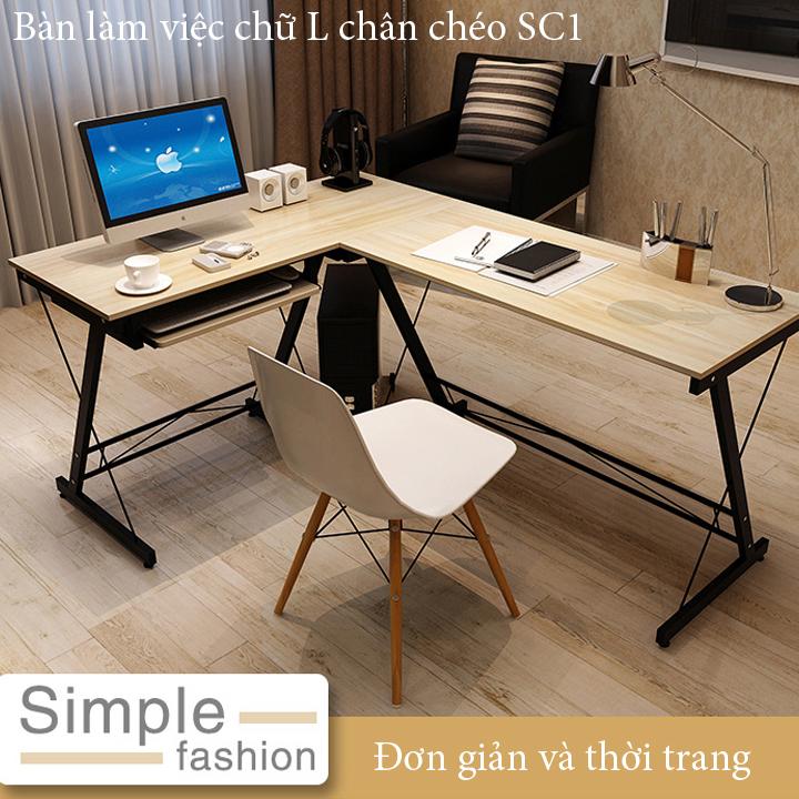 Bàn làm việc chữ L, thiết kế chân chéo siêu đẹp, mặt gỗ MDF phủ bóng cao cấp, phù cho mọi phòng làm việc