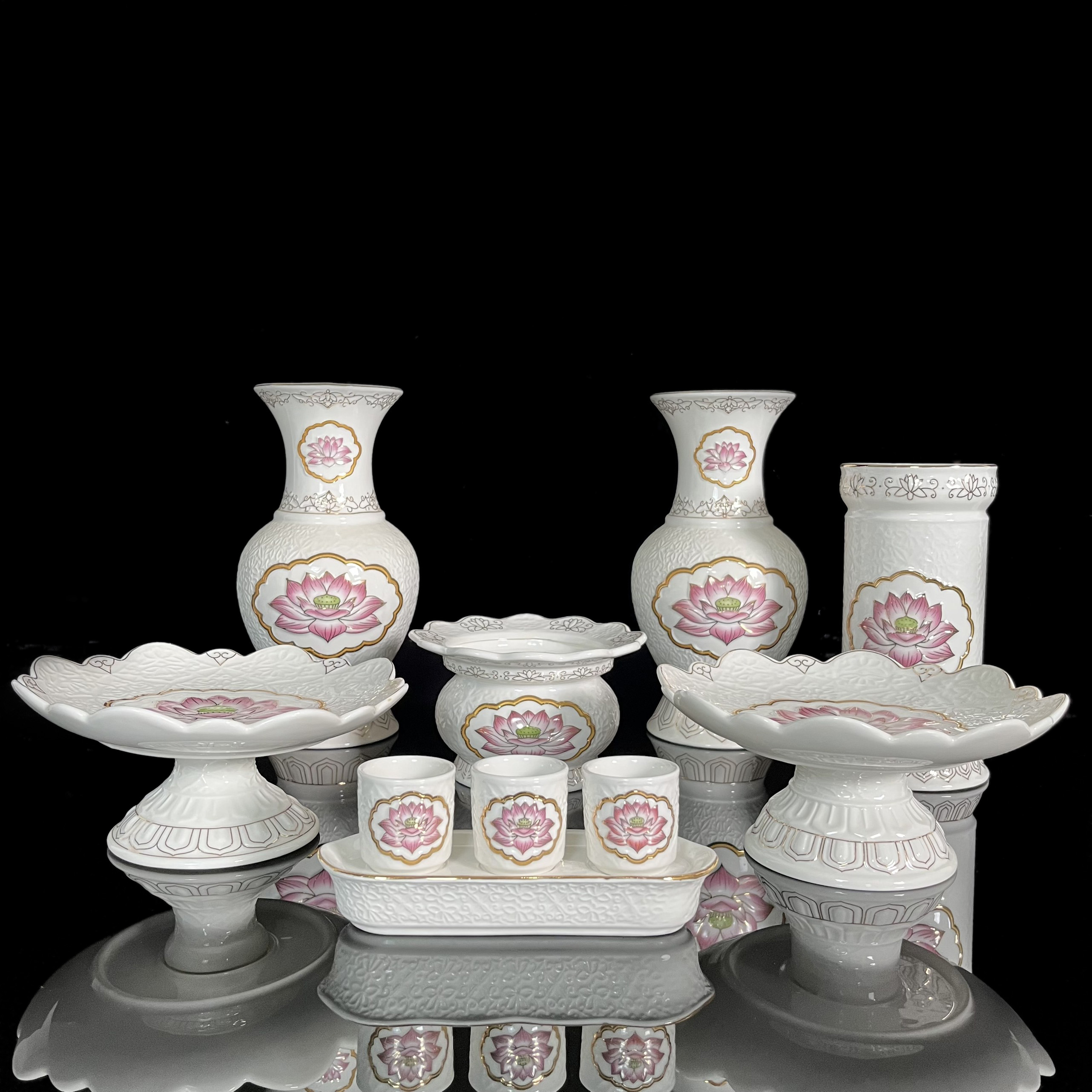 bộ thờ cúng 1618 lư bình dĩa án chun bi sen hồng bằng men sứ cao cấp - phật giáo tường thuận