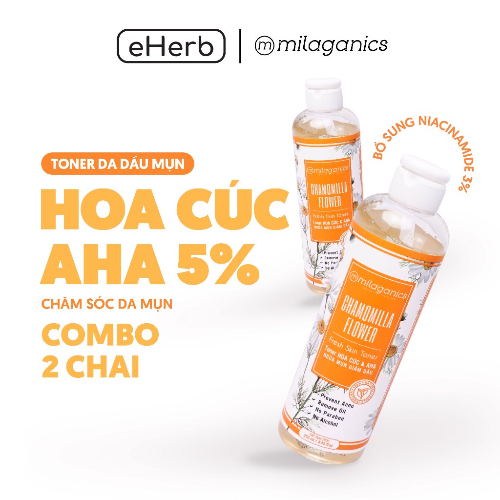 Combo 2 Toner hoa cúc 250ml dạng nước cân bằng cấp ẩm giảm viêm mụn cho da Milaganics, Nước hoa hồng toner kiềm dầu từ thiên nhiên eHerb chai 250ml