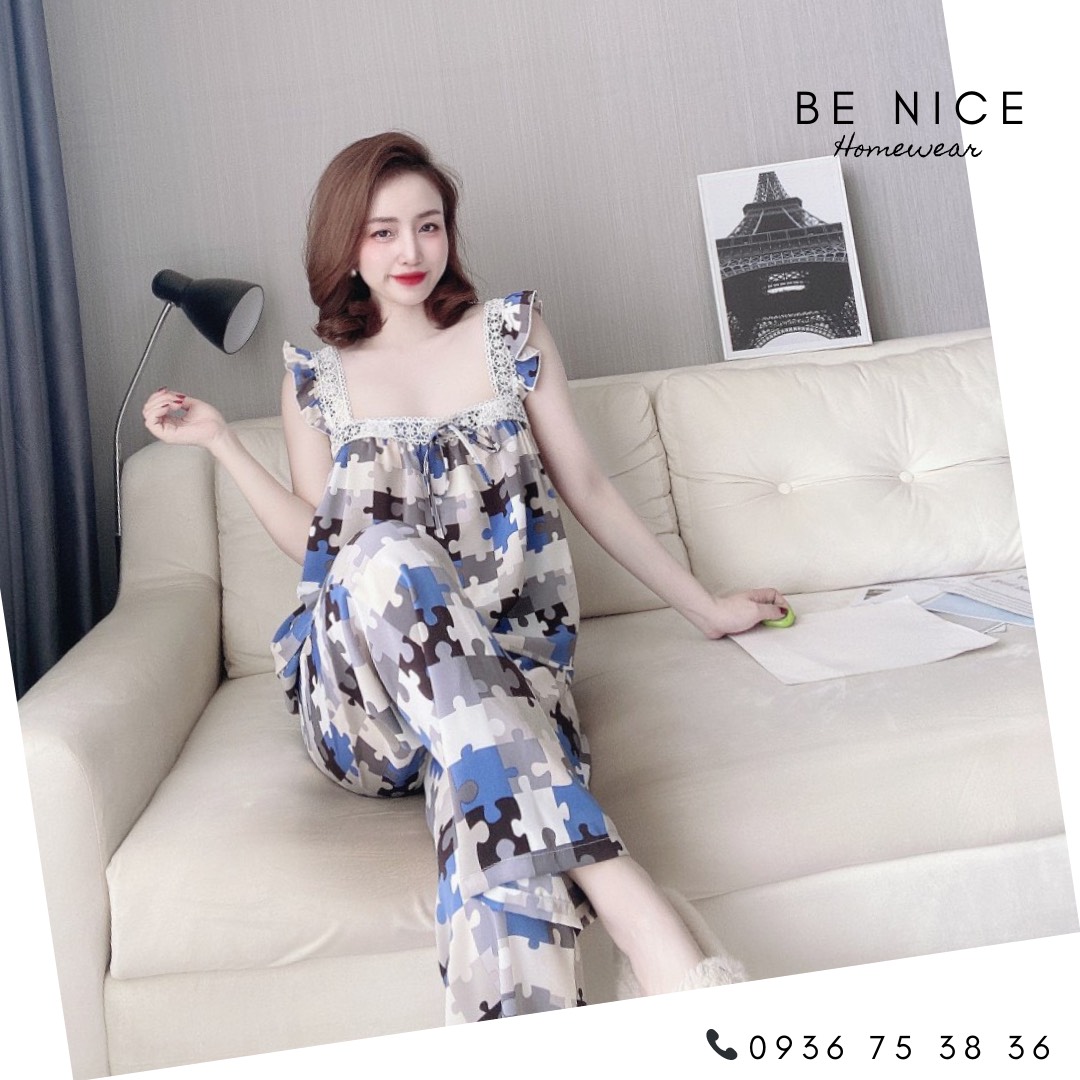 Set lụa dài phối ren cổ vuông cho nàng nhà Be Nice Homewear