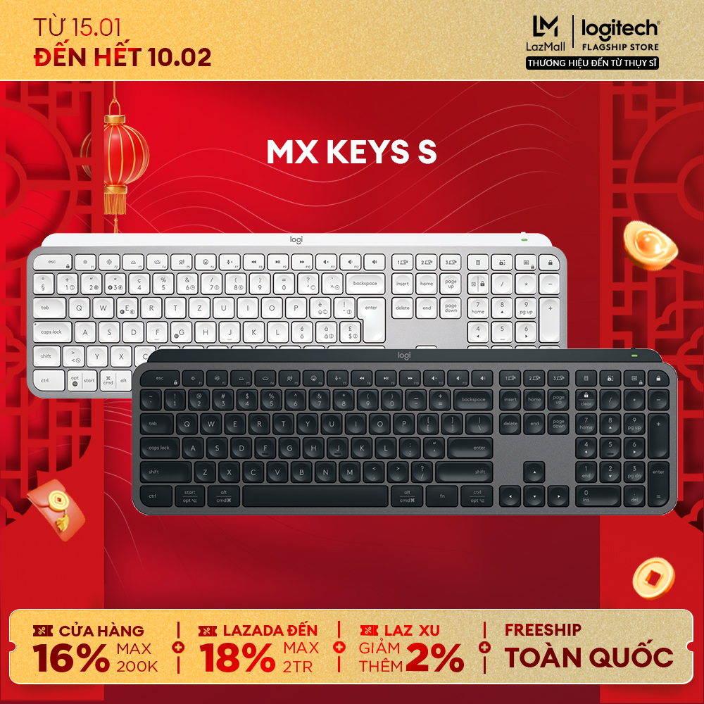  Bàn phím Bluetooth không dây Logitech MX Keys S Low Profile gõ yên tĩnh chính xác mượt mà phím có thể lập trình Đèn nền chiếu sáng thông minh Bluetooth sạc cổng USB C dành cho Mac Windows Linux Chrome 