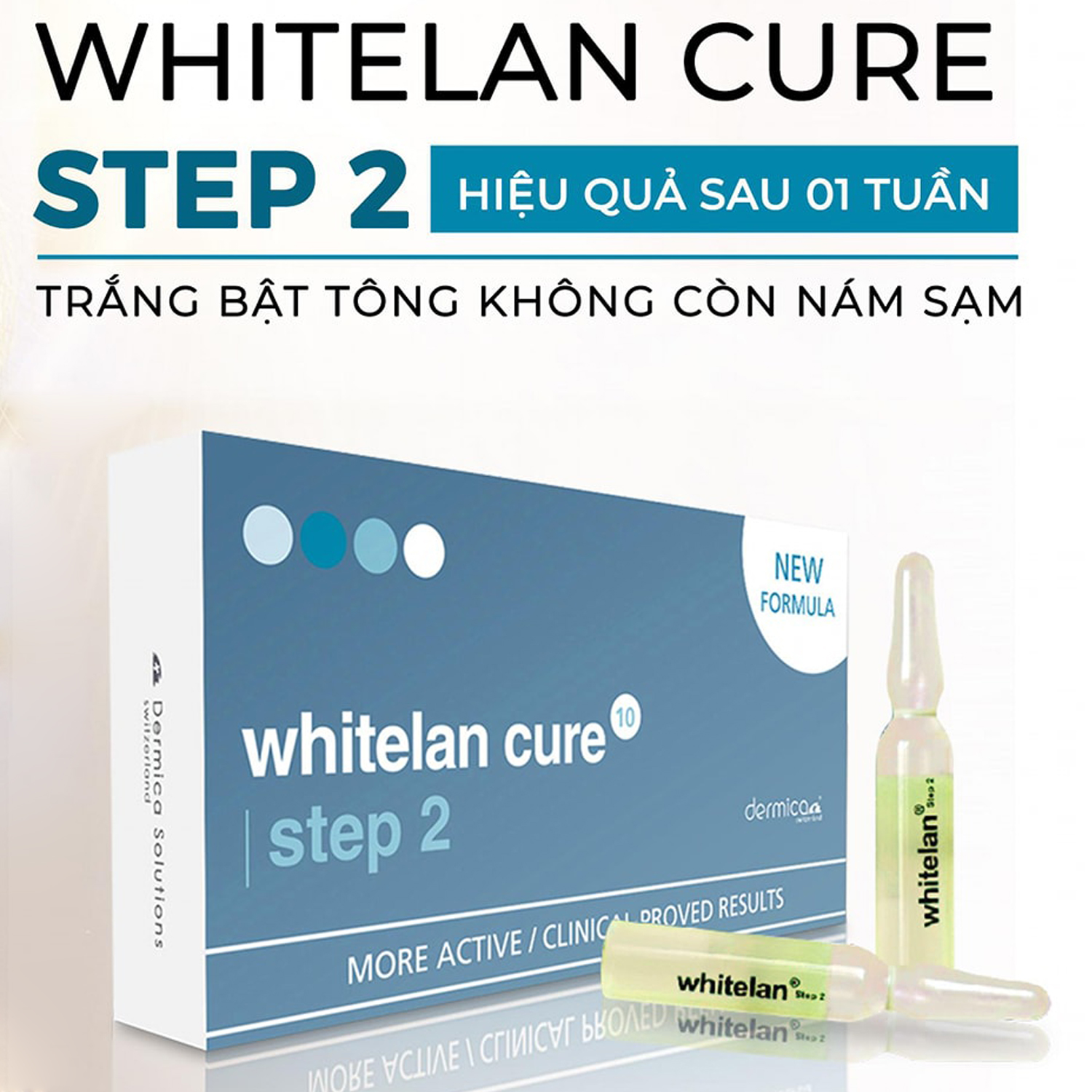Hộp Ampoule mờ Nám DERMICA Whitelan Cure Step 2 làm trắng da, giảm sắc tố (10 ống x 2ml)