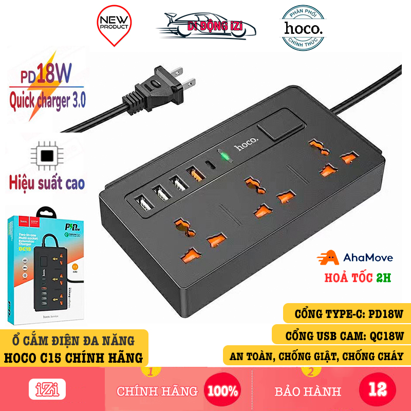 Ổ cắm điện đa năng hoco dc15 - sạc nhanh pd18w, qc18w hỗ trợ cổng type-c, ac & 4 cổng usb tiện dụng