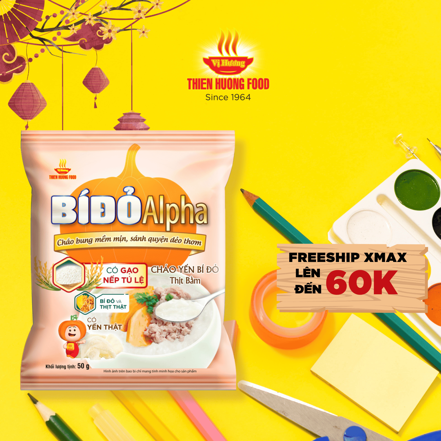 Thùng 30 Gói Cháo Yến Bí Đỏ Thịt Bằm 50g/gói