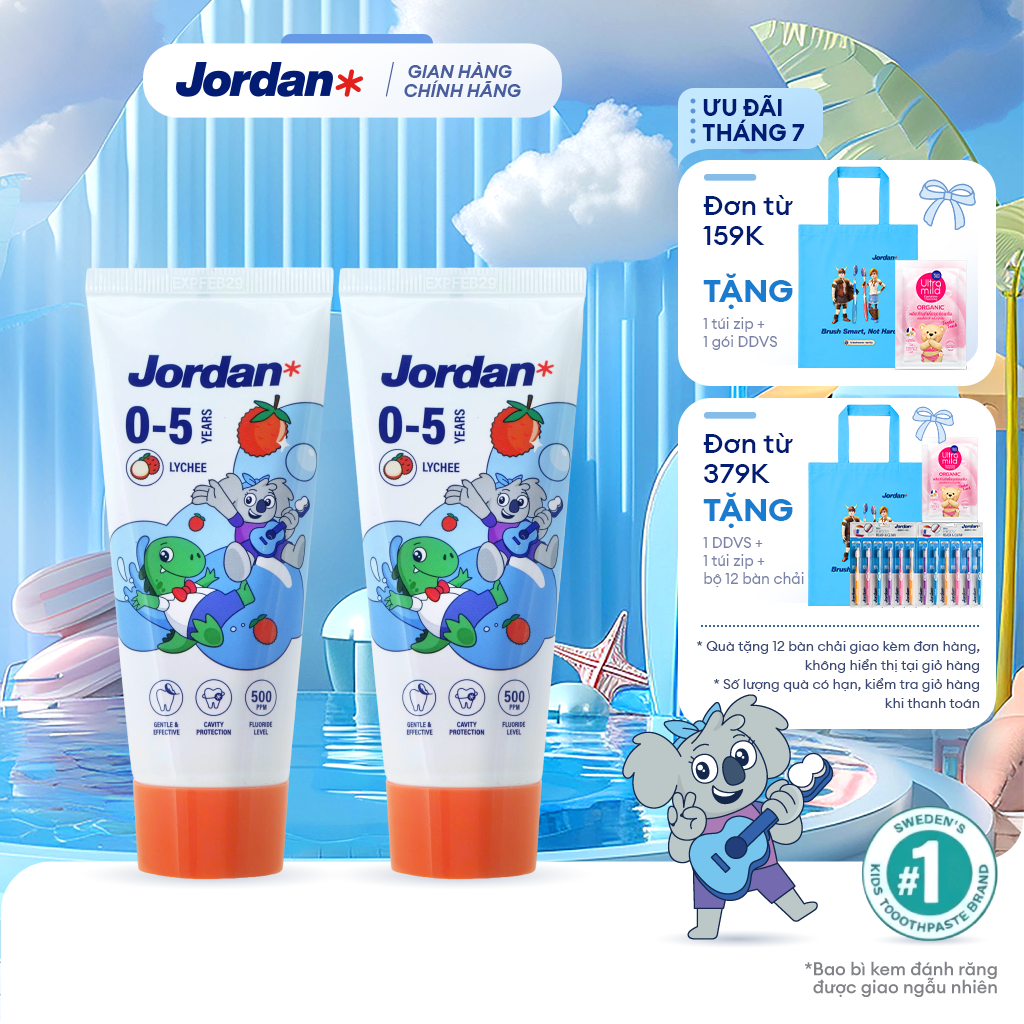 Combo 2 Kem đánh răng Jordan cho trẻ em vị vải Bước 1 cho bé 0-5 tuổi - 75g, xuất xứ Na Uy