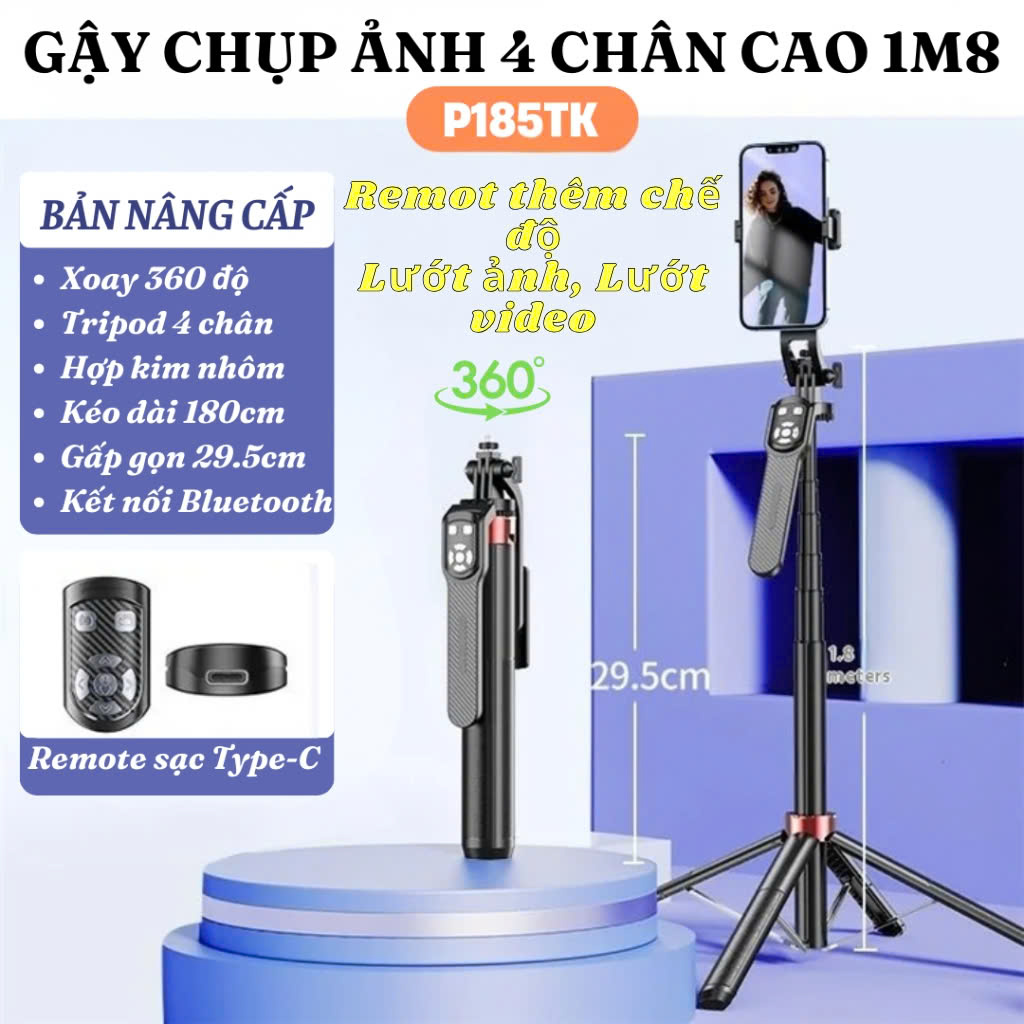 Tripod điện thoại 4 chân cao 180cm P185TK, Giá đỡ điện thoại livestream, quay video, chụp ảnh du lịch hợp kim nhôm cao cấp