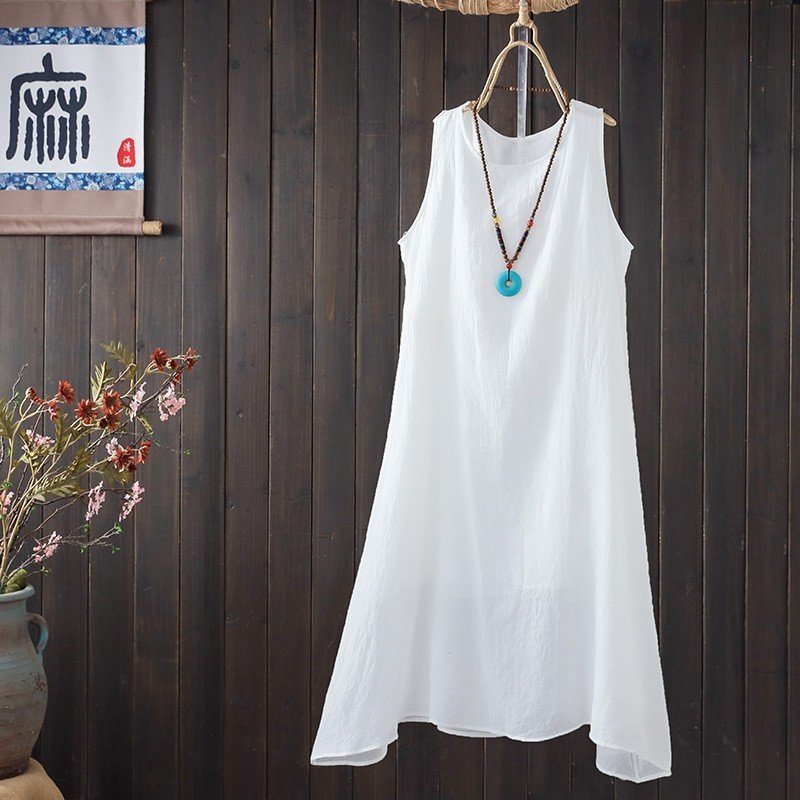 Đầm váy đũi nữ trắng basic, sát nách, cổ tròn chất đũi mềm mát thời trang hè nữ Đũi Việt